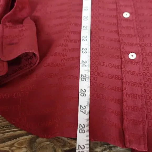 Vintage 90s Dolce & Gabbana Shirt Womens 44 Red Silk Logo Print Button Up Blouse